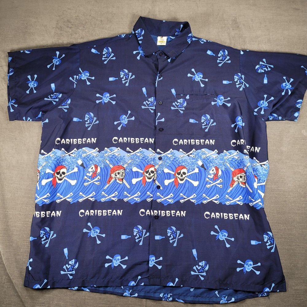 Rima Hawaiian Shirt Skulls Pirates Caribbean Button‎ Up Blue Mens Size 3XL